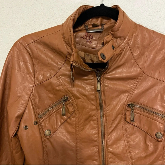 J2 faux leather camel brown jacket juniors size medium moto style - Picture 2 of 16